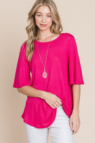 Shop Fuchsia BOMBOM Round Neck Waffle Knit T-Shirt - High-Quality U.S. Made Women’s Fashion with Free & Fast Shipping