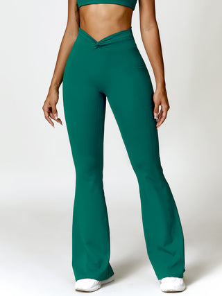 Shop Dark Green Twisted High Waist Bootcut Active Pants with Pockets - High-Quality U.S. Made Women’s Fashion with Free & Fast Shipping