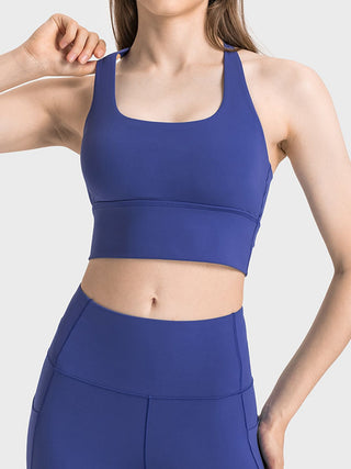 Shop Dark Blue Millennia Scoop Neck Crisscross Straps Sports Bra - High-Quality U.S. Made Women’s Fashion with Free & Fast Shipping