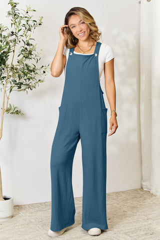 Shop French Blue Double Take Full Size Wide Strap Overall with Pockets - High-Quality U.S. Made Women’s Fashion with Free & Fast Shipping