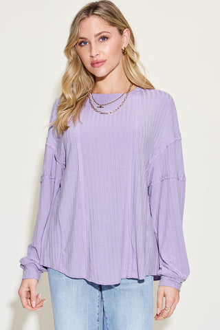 Shop Lavender Basic Bae Full Size Ribbed Round Neck Long Sleeve T-Shirt - High-Quality U.S. Made Women’s Fashion with Free & Fast Shipping