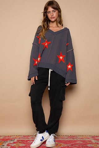 Shop POL Long Sleeve Star Patch Sweater - High-Quality U.S. Made Women’s Fashion with Free & Fast Shipping