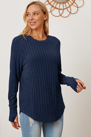 Shop Dark Blue Basic Bae Full Size Ribbed Thumbhole Sleeve T-Shirt - High-Quality U.S. Made Women’s Fashion with Free & Fast Shipping