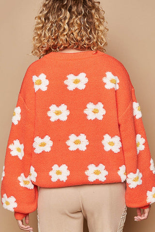 Shop POL Daisy Pattern Drop Shoulder Sweater - High-Quality U.S. Made Women’s Fashion with Free & Fast Shipping