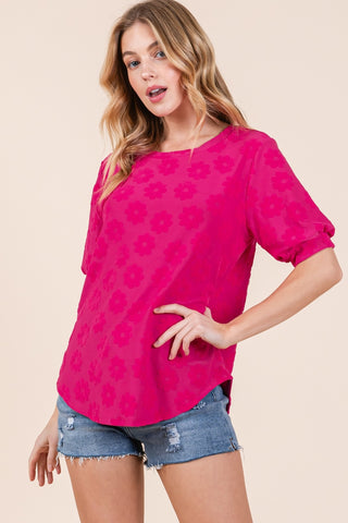 Shop Fuchsia BOMBOM Textured Floral Pattern Top - High-Quality U.S. Made Women’s Fashion with Free & Fast Shipping