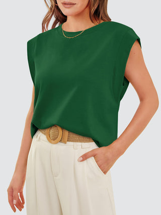 Shop Dark Green Round Neck Cap Sleeve Tank - High-Quality U.S. Made Women’s Fashion with Free & Fast Shipping