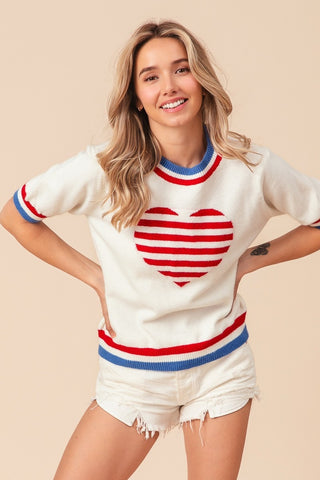 Shop Ivory BiBi US Flag Theme Striped Heart Sweater - High-Quality U.S. Made Women’s Fashion with Free & Fast Shipping