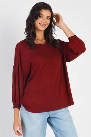 Shop Burgundy Cherish Apparel Drop Shoulder Puff Sleeve Top - High-Quality U.S. Made Women’s Fashion with Free & Fast Shipping