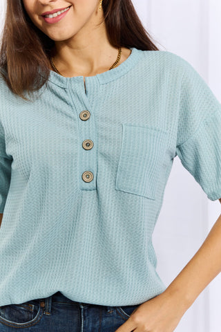 Shop Heimish Made For You Full Size 1/4 Button Down Waffle Top in Blue - High-Quality U.S. Made Women’s Fashion with Free & Fast Shipping