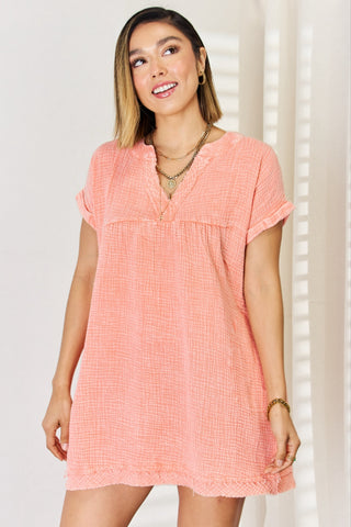 Shop Coral Zenana Washed Nochted Rolled Short Sleeve Dress - High-Quality U.S. Made Women’s Fashion with Free & Fast Shipping