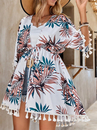 Shop Tassel Tied Printed Half Sleeve Cover Up - High-Quality U.S. Made Women’s Fashion with Free & Fast Shipping