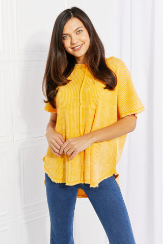 Shop Yellow Gold Zenana Start Small Washed Waffle Knit Top in Yellow Gold - High-Quality U.S. Made Women’s Fashion with Free & Fast Shipping