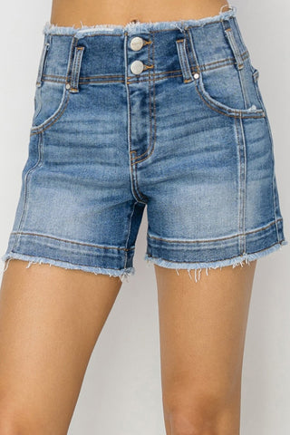 Shop RISEN High Rise Seam Detailed Raw Edge Denim Shorts - High-Quality U.S. Made Women’s Fashion with Free Fast Shipping