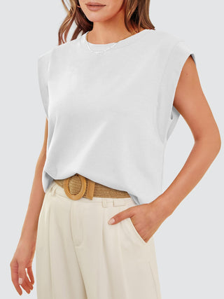 Shop White Round Neck Cap Sleeve Tank - High-Quality U.S. Made Women’s Fashion with Free & Fast Shipping