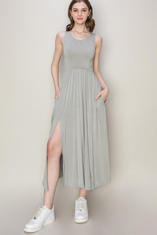 Shop Gray HYFVE Sleeveless Slit Midi Dress - High-Quality U.S. Made Women’s Fashion with Free & Fast Shipping