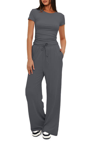 Shop Dark Gray Round Neck Short Sleeve Top and Pants Set - High-Quality U.S. Made Women’s Fashion with Free & Fast Shipping