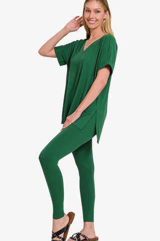 Shop DK Green Zenana V-Neck Rolled Short Sleeve T-Shirt and Leggings Lounge Set - High-Quality U.S. Made Women’s Fashion with Free & Fast Shipping