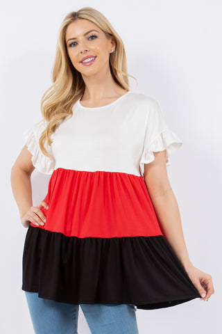 Shop Ivory Black Celeste Full Size Color Block Ruffled Short Sleeve Top - High-Quality U.S. Made Women’s Fashion with Free & Fast Shipping