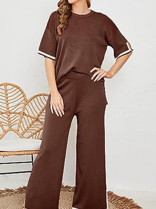 Shop Contrast High-Low Sweater and Knit Pants Set - High-Quality U.S. Made Women’s Fashion with Free Fast Shipping