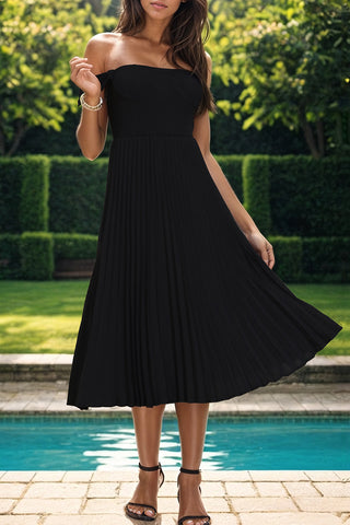 Shop Perfee Pleated Off-Shoulder Midi Dress - High-Quality U.S. Made Women’s Fashion with Free & Fast Shipping