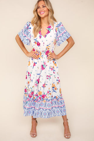 Shop Ivory Blue Haptics Printed Notched Short Sleeve Tiered Dress - High-Quality U.S. Made Women’s Fashion with Free & Fast Shipping