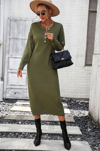 Shop Decorative Button Notched Dropped Shoulder Sweater Dress - High-Quality U.S. Made Women’s Fashion with Free & Fast Shipping