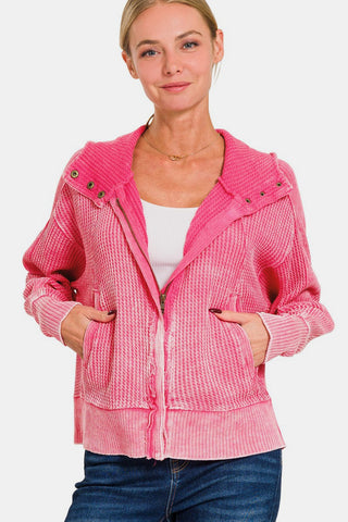 Shop Fuchsia Zenana Washed Zip Up Hooded Jacket - High-Quality U.S. Made Women’s Fashion with Free & Fast Shipping