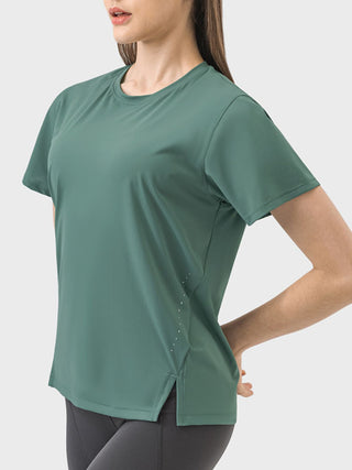 Shop Millennia Slit Round Neck Short Sleeve Active T-Shirt - High-Quality U.S. Made Women’s Fashion with Free & Fast Shipping