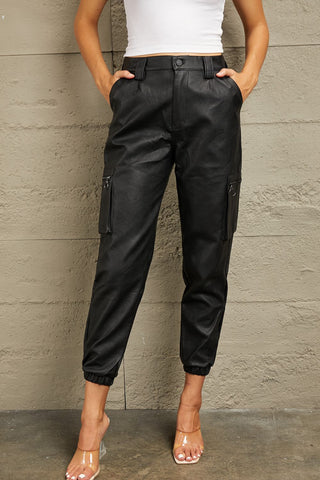 Shop Black Kancan High Rise Faux Leather Joggers - High-Quality U.S. Made Women’s Fashion with Free & Fast Shipping