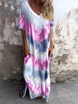 Shop Fuchsia Pink Full Size Pocketed Tie-Dye Short Sleeve Dress - High-Quality U.S. Made Women’s Fashion with Free & Fast Shipping