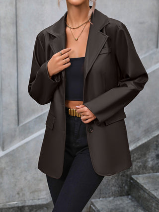 Shop Chocolate Pocketed Button Up Collared Neck Blazer - High-Quality U.S. Made Women’s Fashion with Free & Fast Shipping