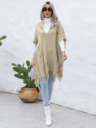 Shop Fringe Trim Buttoned Hooded Poncho - High-Quality U.S. Made Women’s Fashion with Free Fast Shipping