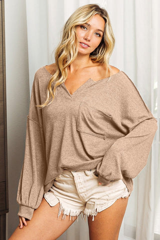 Shop TAUPE BiBi Exposed Seam Long Sleeve Top - High-Quality U.S. Made Women’s Fashion with Free & Fast Shipping