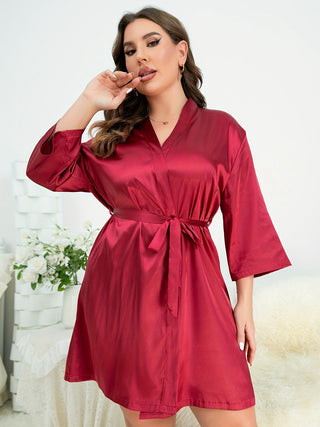 Shop Plus Size Surplice Neck Tie Waist Robe - High-Quality U.S. Made Women’s Fashion with Free Fast Shipping