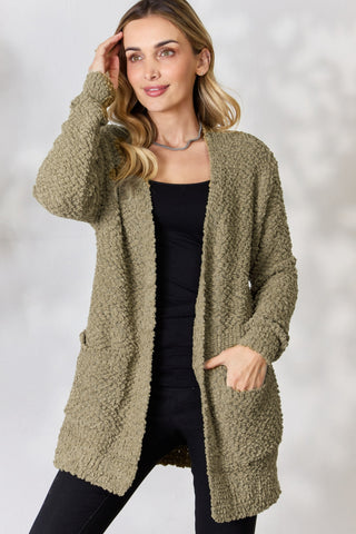 Shop Khaki Zenana Falling For You Full Size Open Front Popcorn Cardigan - High-Quality U.S. Made Women’s Fashion with Free & Fast Shipping