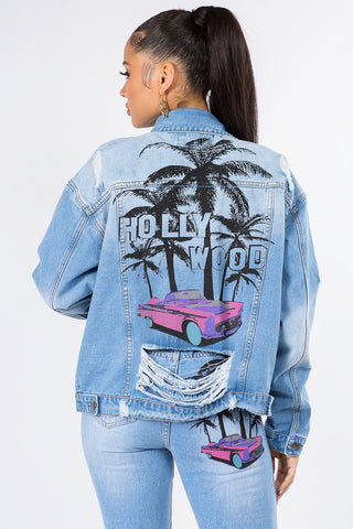 Shop American Bazi Graphic Distressed Long Sleeve Denim Jacket - High-Quality U.S. Made Women’s Fashion with Free & Fast Shipping