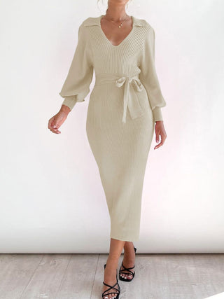 Shop Cream Tied Long Sleeve Wrap Sweater Dress - High-Quality U.S. Made Women’s Fashion with Free & Fast Shipping