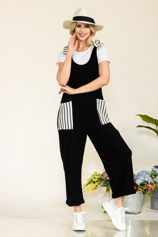 Shop Celeste Full Size Stripe Contrast Pocket Rib Jumpsuit - High-Quality U.S. Made Women’s Fashion with Free & Fast Shipping