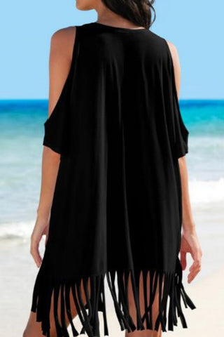 Shop Fringe V-Neck Cold Shoulder Cover Up - High-Quality U.S. Made Women’s Fashion with Free & Fast Shipping