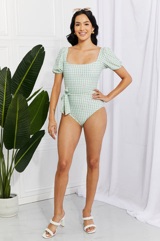 Shop Marina West Swim Salty Air Puff Sleeve One-Piece in Sage - High-Quality U.S. Made Women’s Fashion with Free Fast Shipping