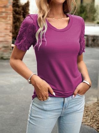 Shop Devine Lace Detail Round Neck Short Sleeve T-Shirt - High-Quality U.S. Made Women’s Fashion with Free Fast Shipping