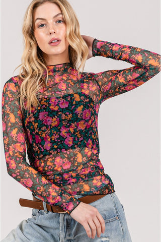 Shop Black SAGE + FIG Floral Mesh Long Sleeve Top - High-Quality U.S. Made Women’s Fashion with Free & Fast Shipping