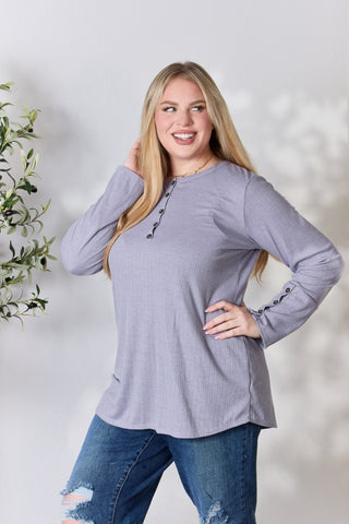 Shop Heimish Full Size Texture Half Button Long Sleeve Top - High-Quality U.S. Made Women’s Fashion with Free & Fast Shipping