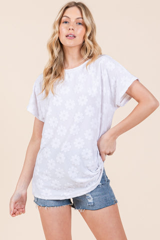 Shop White BOMBOM Floral Textured Short Sleeve T-Shirt - High-Quality U.S. Made Women’s Fashion with Free & Fast Shipping