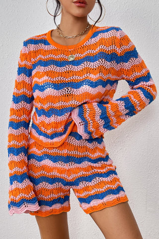 Shop Orange-Red Striped Sweater and Knit Shorts Set - High-Quality U.S. Made Women’s Fashion with Free & Fast Shipping