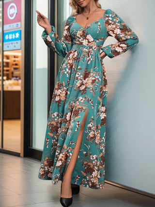 Shop Perfee Slit Printed Surplice Long Sleeve Maxi Dress - High-Quality U.S. Made Women’s Fashion with Free & Fast Shipping