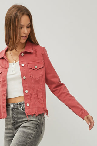 Shop RISEN Raw Hem Button Up Cropped Denim Jacket - High-Quality U.S. Made Women’s Fashion with Free & Fast Shipping