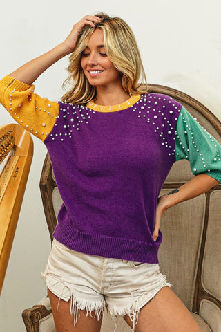 Shop BiBi Color Block Pearl Detail Round Neck Sweater - High-Quality U.S. Made Women’s Fashion with Free Fast Shipping