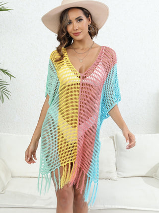 Shop Fringe Color Block Scoop Neck Cover Up - High-Quality U.S. Made Women’s Fashion with Free Fast Shipping