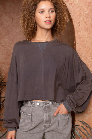 Shop Deep Charcoal POL Cropped Long Sleeve Top - High-Quality U.S. Made Women’s Fashion with Free & Fast Shipping